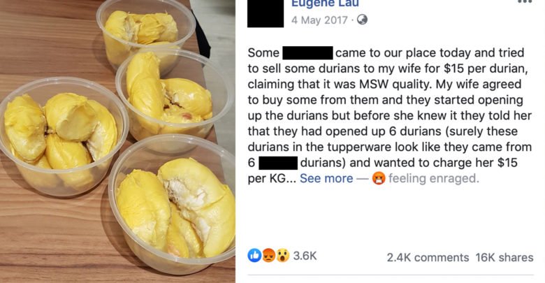 Photo of Durian vendor knocking on door scamming Singaporean